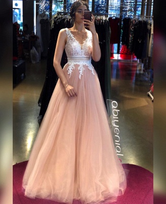 Stylish V-neck A-line Tulle Evening Dress Floor Length Backless Prom Dress_2