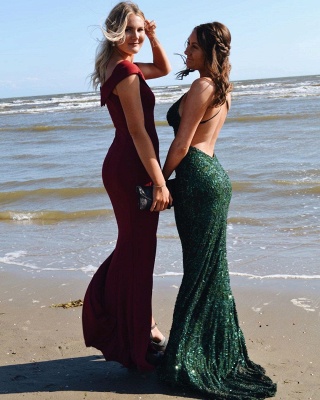 Glitter Sequins Mermaid Spaghetti Straps V-neck Open Back Prom Dress_3