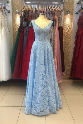 Stunning Sleeveless A-line V-neck Floor-length Appliques Lace Evening Prom Dress_1