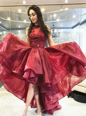 Beautiful Bateau Tulle Appliques lace High Low Prom Dress Ruffles Party Dress_2