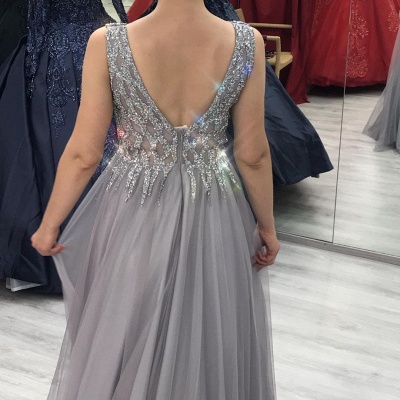 Elegant V-neck A-Line Tulle Evening Party Dress Sequins Backless Prom Dress_4