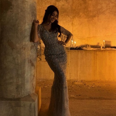 Brilliant Long Sleeves Sequins V-neck Floor-length Mermaid Prom Dress_2