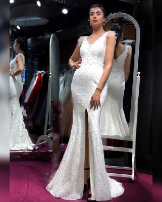 Elegant White Sleeveless V-neck Feather Mermaid Evening Dress With Side Slit_2