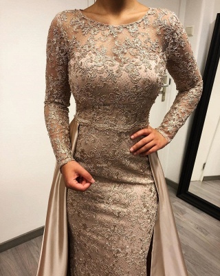 Glamorous Bateau Long Sleeves Appliques Lace Mermaid Prom Dress With Detachable Train_3