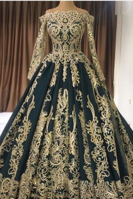 Luxury Off-the-shoulder Long Sleeves A-Line Prom Dress With Gold Appliques_1