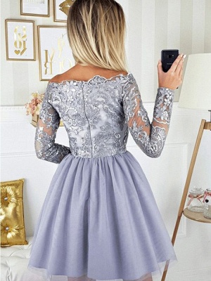 Chic Long Sleeves Short Cocktail Dress Appliques Lace Tulle Party Dress_3
