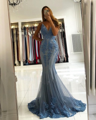 Chic Spaghetti Straps V-neck Appliques Lace Tulle Mermaid Evening Gown_2