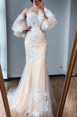 Romantic Sweetheart Appliques Lace Tulle Mermaid Prom Dress With Puffy Sleeves_1
