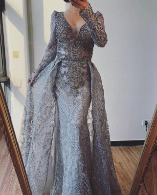 Gorgeous Long Sleeves Pearl Appliques Lace Mermaid Prom Dress With Detachable Train_3
