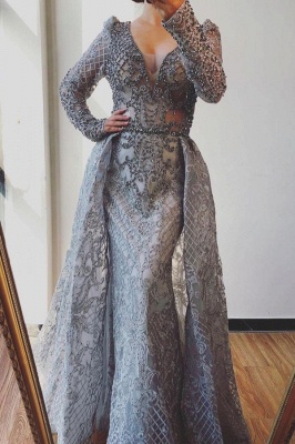 Gorgeous Long Sleeves Pearl Appliques Lace Mermaid Prom Dress With Detachable Train_1