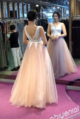 Stylish V-neck A-line Tulle Evening Dress Floor Length Backless Prom Dress_3