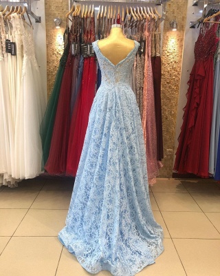 Stunning Sleeveless A-line V-neck Floor-length Appliques Lace Evening Prom Dress_3