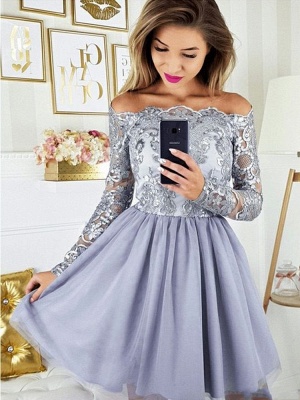 Chic Long Sleeves Short Cocktail Dress Appliques Lace Tulle Party Dress_2
