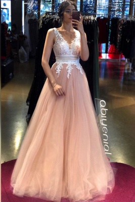 Stylish V-neck A-line Tulle Evening Dress Floor Length Backless Prom Dress_1