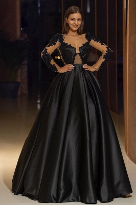 Classy Black Long Sleeve Appliques Lace A-Line Satin Prom Dress With Ruffles_1