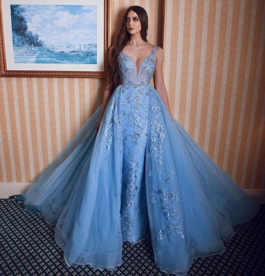 Classy V-neck Appliques Lace Mermaid Prom Dress With Detachable Tule Train_2