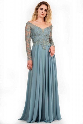 Charming Long Sleeves Off-the-shoulder Chiffon Floral Lace A-Line Prom Dress_1