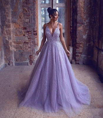 Elegant V-neck Spaghetti Straps A-line Evening Gown Floor-length Tulle Prom Dress_2