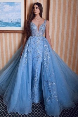 Classy V-neck Appliques Lace Mermaid Prom Dress With Detachable Tule Train_1