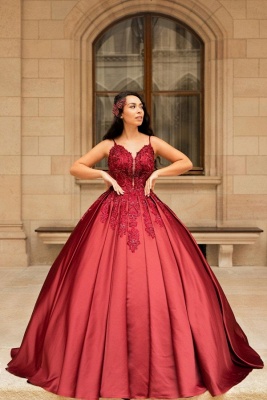 Glamorous Spaghetti Straps Lace Appliques Satin Ball Gown Prom Dress With Split_1
