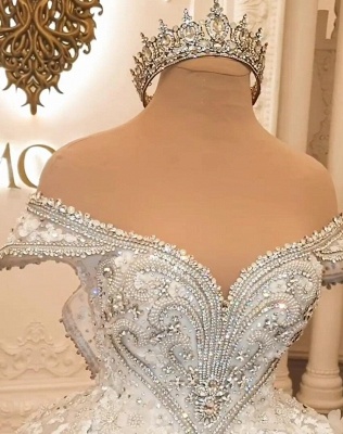 Gorgeous Off-the-shoulder Backless Appliques Lace Sequins Ruffles Ball Gown Wedding Dress_4