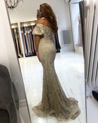 Stunning Off-the-shoulder Puffy Sleeves Lace Appliques Mermaid Prom Dress_3