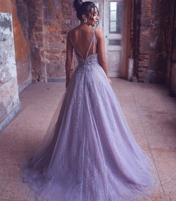 Elegant V-neck Spaghetti Straps A-line Evening Gown Floor-length Tulle Prom Dress_3