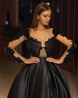 Classy Black Long Sleeve Appliques Lace A-Line Satin Prom Dress With Ruffles_3