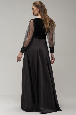 Classy Black Puffy Sleeves Satin V-neck A-Line Ruffles Prom Dress With Side Slit_3