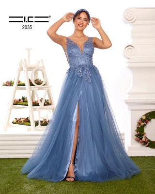 Elegant Appliques Lace V-neck A-Line Tulle Ruffles Prom Dress With Side Slit_2