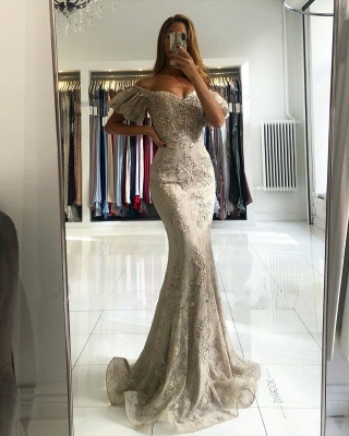 Stunning Off-the-shoulder Puffy Sleeves Lace Appliques Mermaid Prom Dress_2
