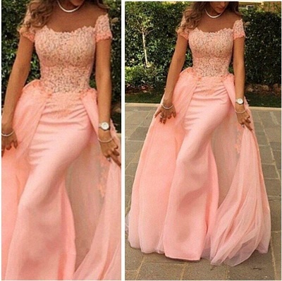 Pink Lace Short Sleeves Prom Dresses Off Shoulder with Removable Overskirt Evening Gowns_4