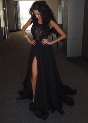 Black Long Prom Dresses Sheer Lace Top High Side Split Sexy Evening Gowns_2