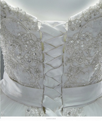 A Line Off the Shoulder Crystals Appliques Tulle Ivory Wedding Dresses Lace Up Back_6