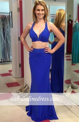 Sexy Royal Blue Mermaid Prom Dress Sleeveless Halter Evening Gowns_3