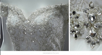 A Line Off the Shoulder Crystals Appliques Tulle Ivory Wedding Dresses Lace Up Back_5