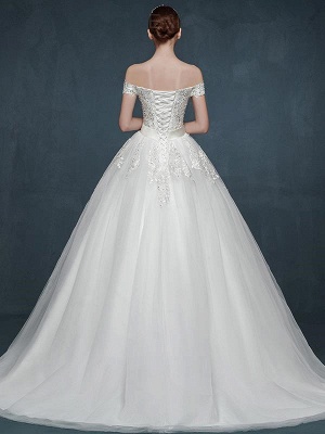 A Line Off the Shoulder Crystals Appliques Tulle Ivory Wedding Dresses Lace Up Back_3