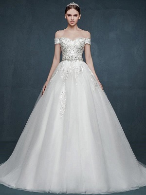 A Line Off the Shoulder Crystals Appliques Tulle Ivory Wedding Dresses Lace Up Back_1