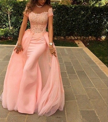 Pink Lace Short Sleeves Prom Dresses Off Shoulder with Removable Overskirt Evening Gowns_3