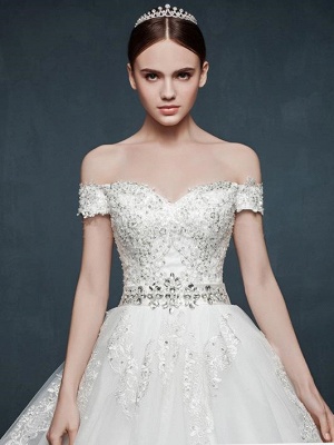 A Line Off the Shoulder Crystals Appliques Tulle Ivory Wedding Dresses Lace Up Back_4