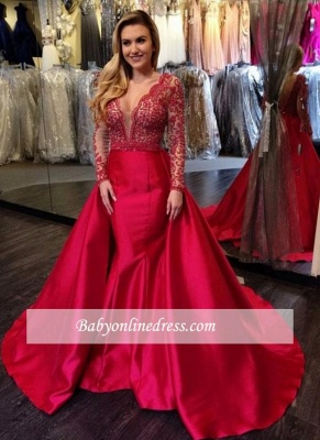 Luxury V-Neck Mermaid Long-Sleeves Open-Back Overskirt Beading Red Evening Gowns_3