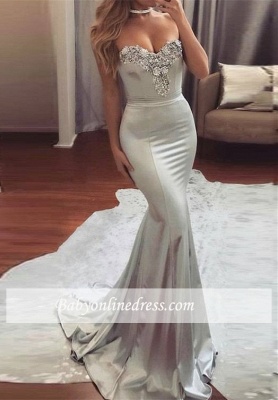 Shiny Mermaid Beading Prom Dresses Silver Sweetheart Neck Long Belt Ruffles Evening Dresses_1