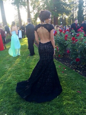 Black Lace Open Back Evening Gowns Capped Sleeves Alluring Long Mermaid Prom Dresses_1