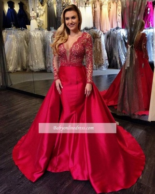 Luxury V-Neck Mermaid Long-Sleeves Open-Back Overskirt Beading Red Evening Gowns_1