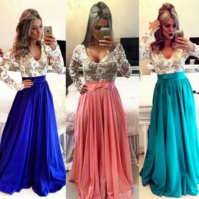 Lace Long Sleeves Prom Dresses V Neck Sheer Open Back Beaded Evening Gowns_3