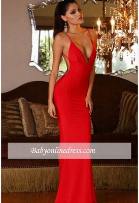 Red V-neck Open-Back Mermaid Prom Dress Sexy Sleeveless Evening Gowns_3