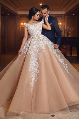 Gorgeous Champagne Off-the-shoulder Ball Gown Wedding Dresses_1