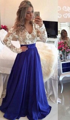 Lace Long Sleeves Prom Dresses V Neck Sheer Open Back Beaded Evening Gowns_1