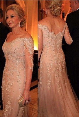 Long Lace Appliques Beadings Evening Gowns with Sleeves Sexy Mother Dresses_1
