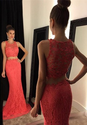 Two-Pieces Lace Mermaid Prom Dresses Sleeveless Sweep Train Evening Gowns_4
